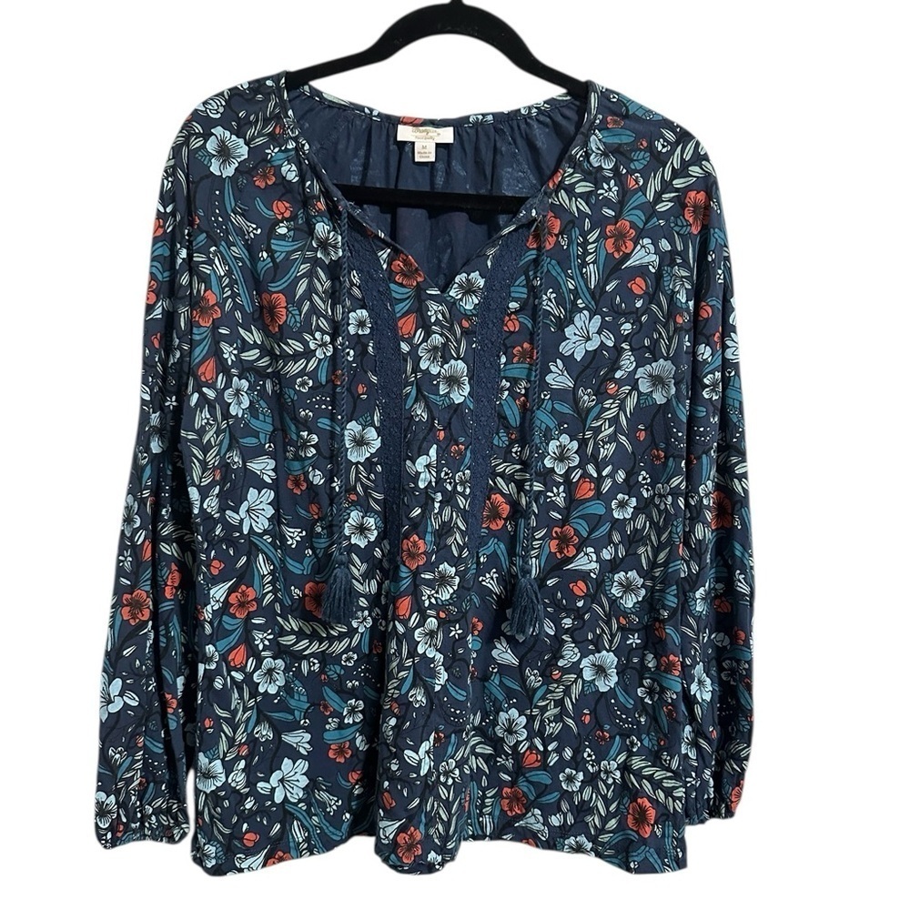 Wrangler Blue Floral Relaxed Long Sleeve Blouse Pull Over Bohemian Rodeo Size M